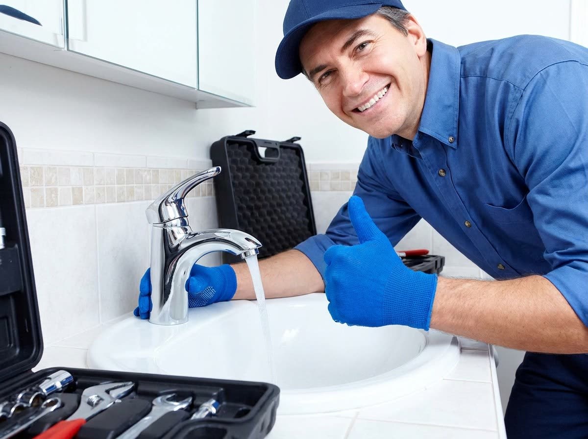 Idraulico sorridente accanto al lavabo