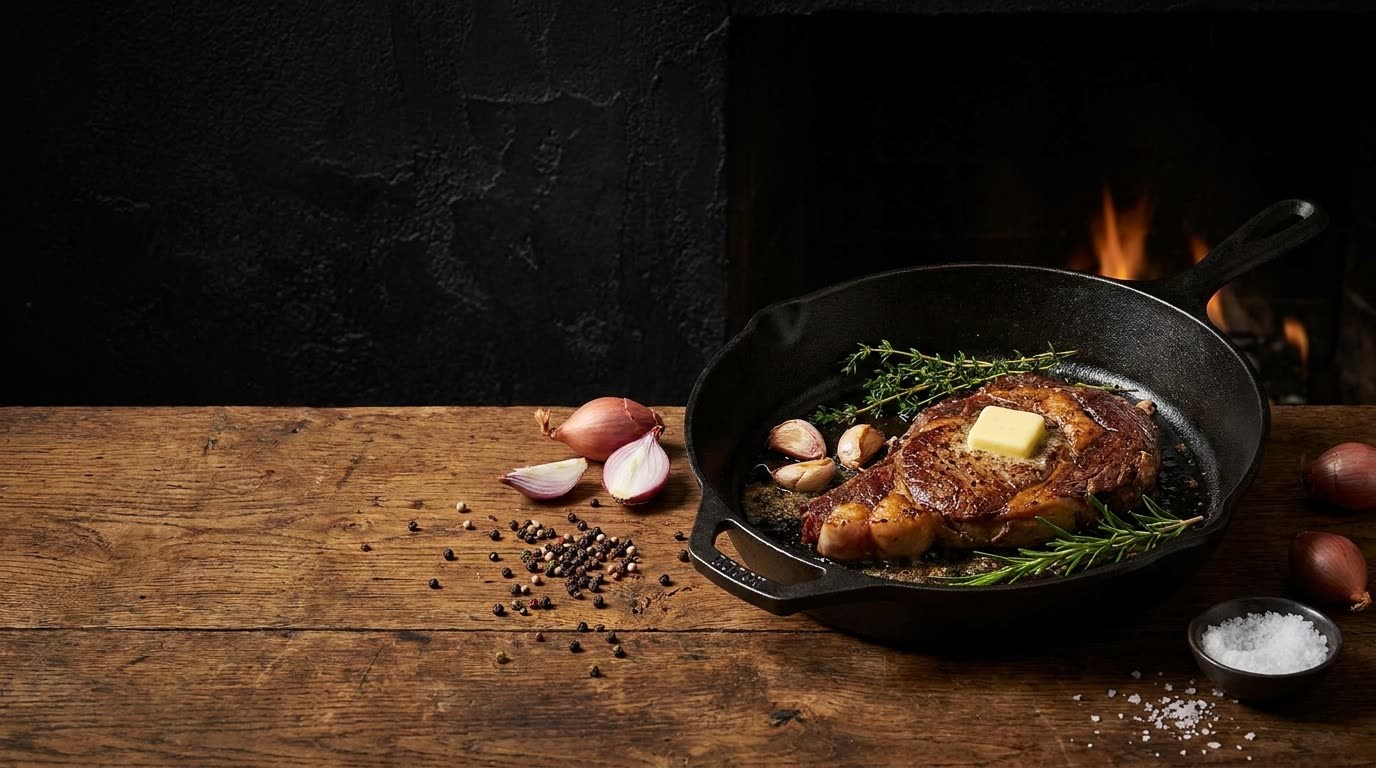 Bistecca in padella di ghisa con burro ed erbe